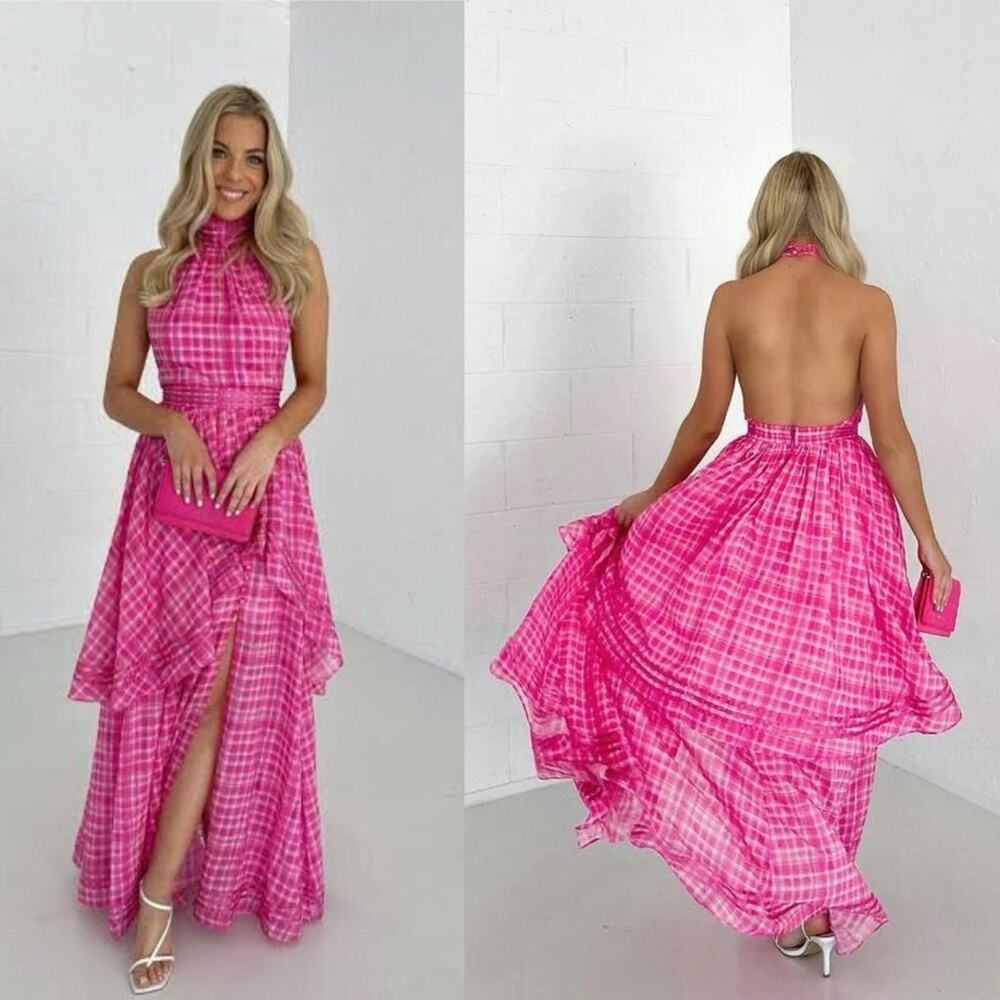 Aje Bungalow Sienna Gingham Halter Neck Maxi Dress Gown Pink AU Size 6 US Size 2